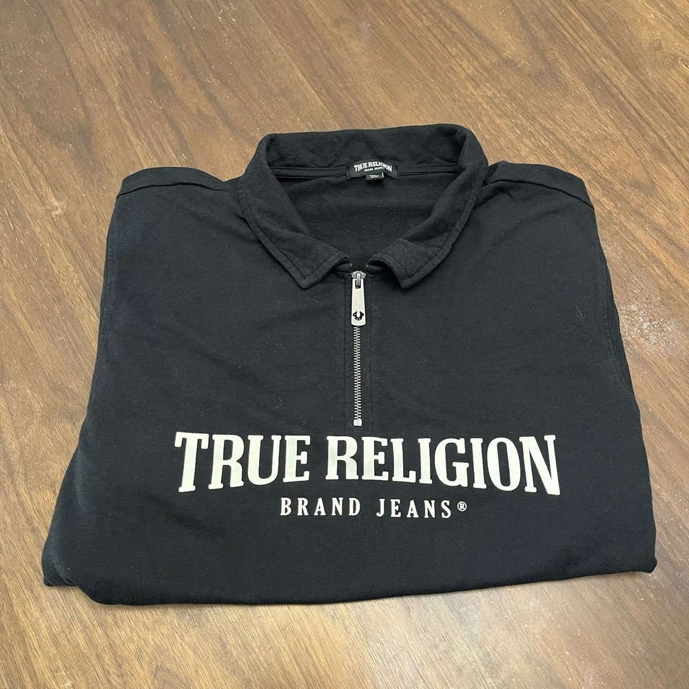 True Religion Men's XL Relaxed Mock Quarter Zip Embroidered Logo Sweater